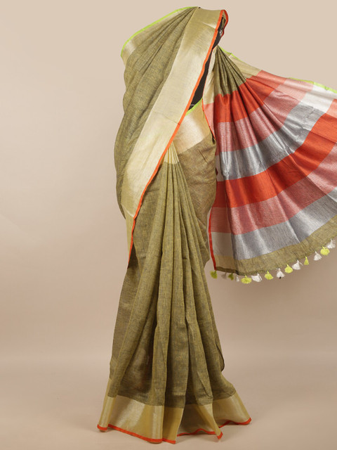 

Pothys Green & Orange Woven Design Zari Linen Blend Saree