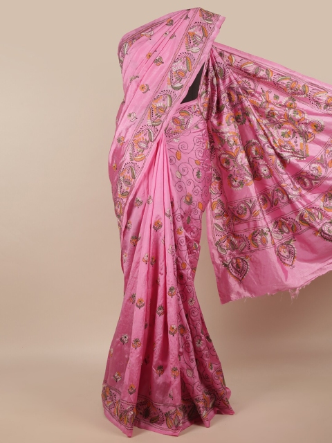 

Pothys Pink & Green Ethnic Motifs Kantha Work Art Silk Saree