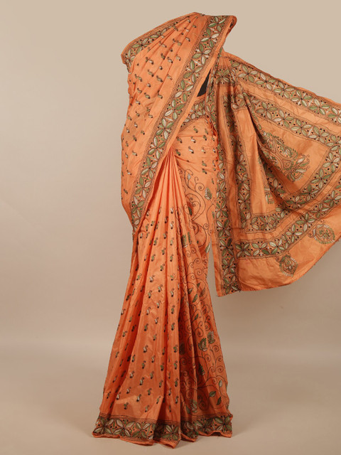 

Pothys Peach-Coloured & Green Ethnic Motifs Art Silk Saree