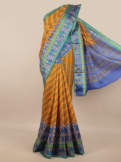 

Pothys Mustard & Blue Ethnic Motifs Art Silk Printed Saree