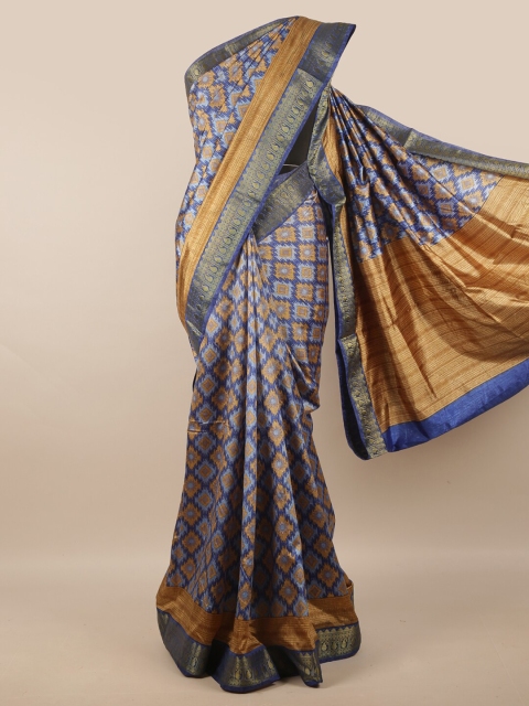 

Pothys Blue & Gold-Toned Geometric Printed Art Silk Saree