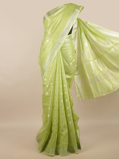 

Pothys Green & Silver-Toned Woven Design Zari Linen Blend Saree