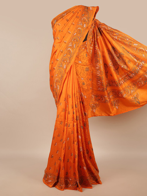 

Pothys Orange & Grey Floral Embroidered Art Silk Saree