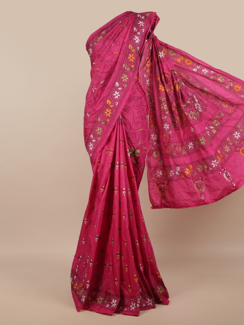 

Pothys Pink & White Floral Kantha Work Art Silk Saree