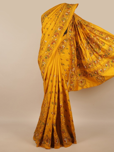 

Pothys Mustard & Green Floral Embroidered Art Silk Saree