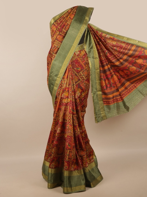 

Pothys Maroon & Green Ethnic Motifs Printed Zari Art Silk Saree