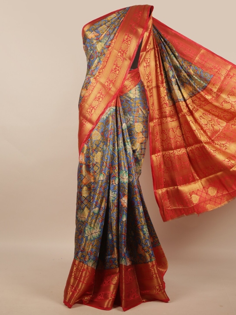 

Pothys Blue & Gold-Toned Floral Printed Zari Border Art Silk Saree