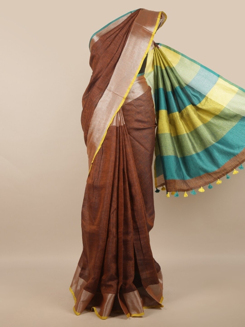 

Pothys Brown & Green Zari Linen Blend Saree