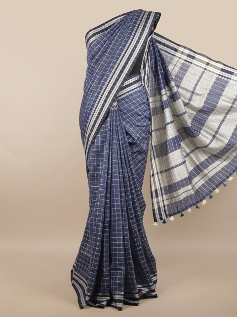 

Pothys Blue & Silver-Toned Checked Linen Blend Saree