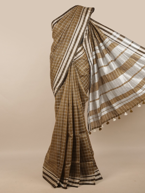 

Pothys Tan & Silver-Toned Checked Linen Blend Saree