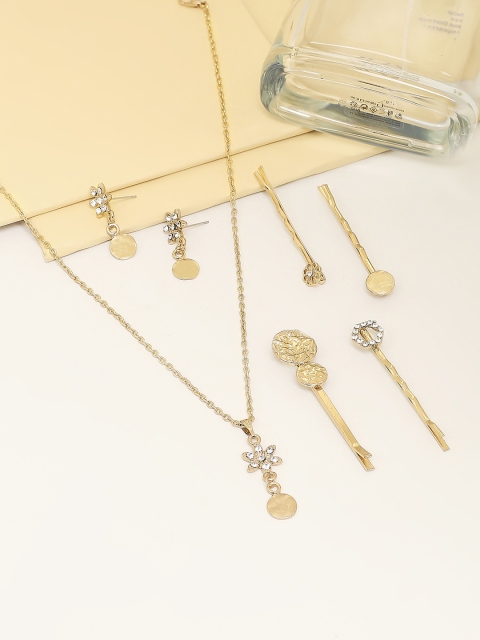

BELLEZIYA Gold-Plated Stone Studded Floral Jewellery Set