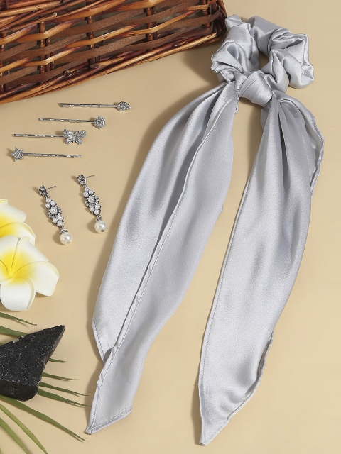

BELLEZIYA Women Set Of 6 Silver-Toned & White Ponytail Holders With Hairpins & Earrings
