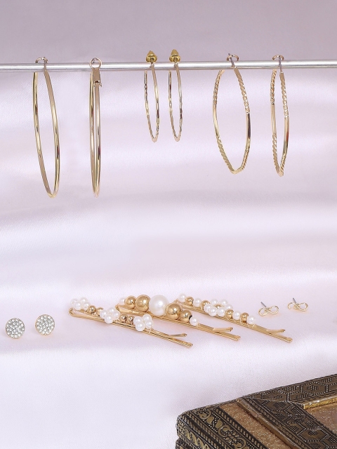 

BELLEZIYA Set Of 3 Pearl Hairpins With Gold-Toned Studs & Hoops, White