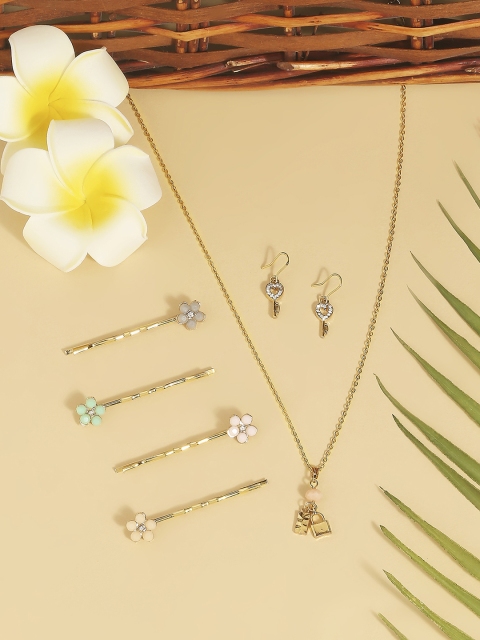 

BELLEZIYA Gold-Toned Lock & Key-Shaped Jewellery Set With Hair Clips