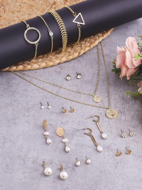

Belleziya Combo Set of 9 Studs, Coin Necklace and 4 Layered Bracelets, Gold