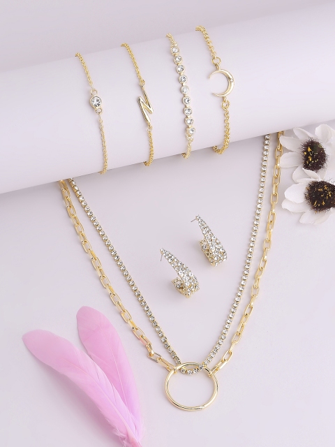 

BELLEZIYA Gold-Toned Combo Of Layered Necklace With Hoop Earrings & 4 Bracelets