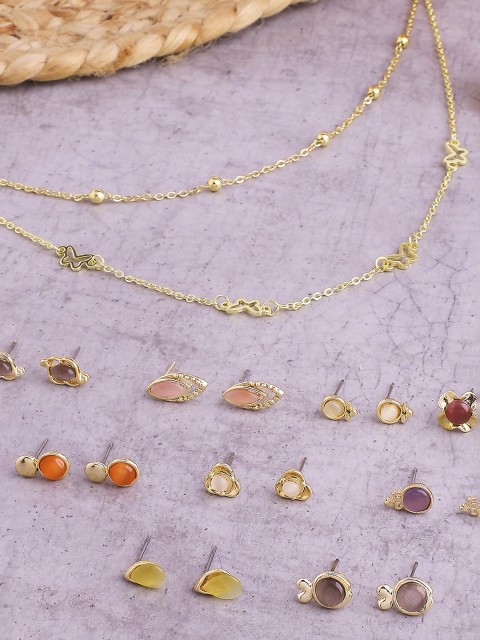 

Belleziya Combo Set of 9 Colourful Studs, Double-Layered Butterfly Necklace, Multi