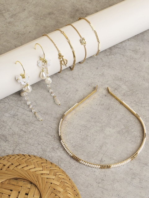 

Belleziya Combo Pack of Pearl Dangler Earrings, Pearl Headband and Gold Dainty Necklace, Multi