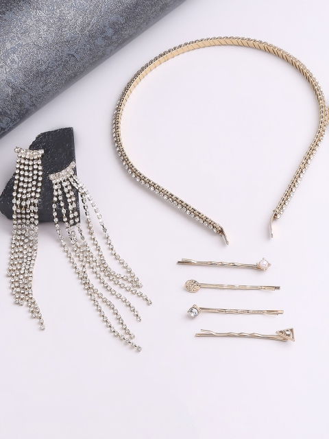 

BELLEZIYA Women Set Of 6 Gold-Toned & White Hairband With Hairpins & Earrings