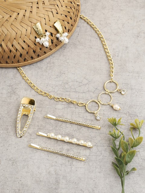 

BELLEZIYA Gold-Toned Pearl Studded Jewellery Set & Hairpins