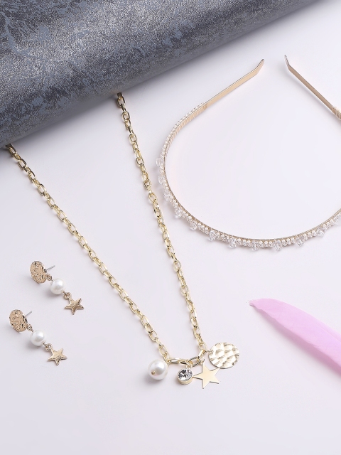

BELLEZIYA Gold-Toned Combo Of Necklace With Earrings & Hairband