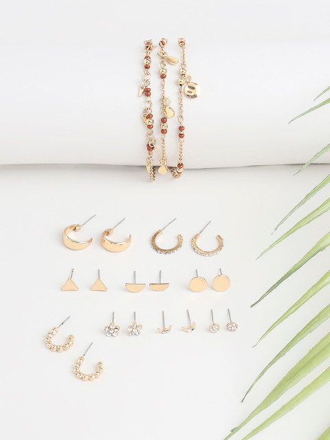 

Belleziya Combo Set of 9 Stud and Hoops and Gold Layered Necklace, Multi