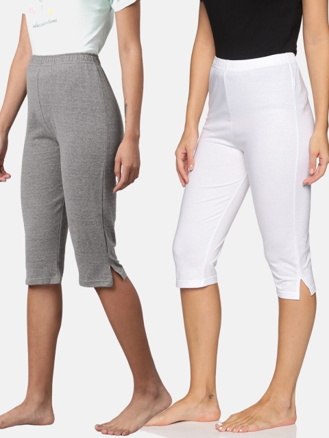 

NOT YET by us Pack Of 2 Women Grey & White Pure Cotton Side Slit Capris
