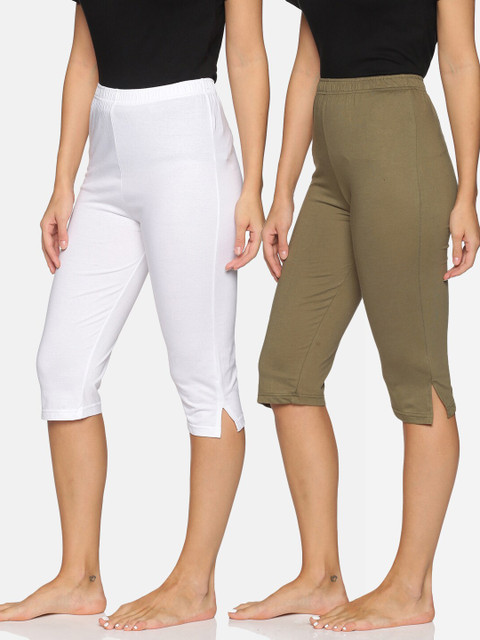 

NOT YET by us Set Of 2 Women Olive Green & White Capris