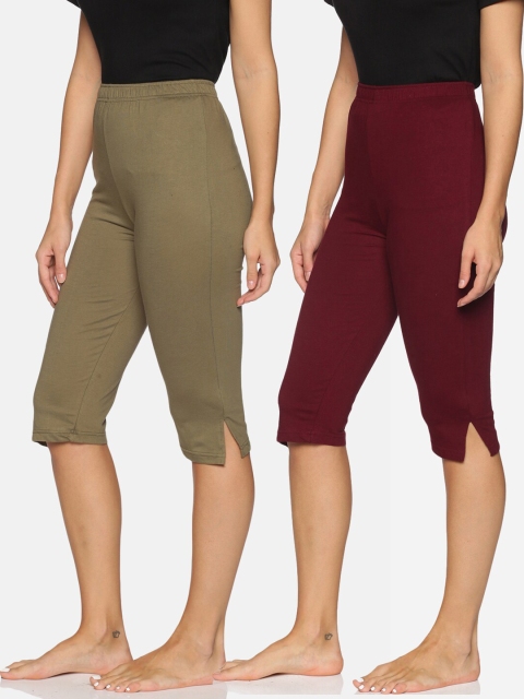 

NOT YET by us Pack Of 2 Olive & Maroon Solid Pure Cotton Mid-Rise Capris