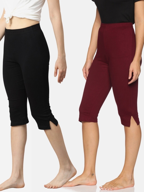 

NOT YET by us Women Pack of 2 Black & Maroon Pure Cotton Capris