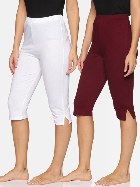 

NOT YET by us Women Pack of 2 White & Burgundy Pure Cotton Capris
