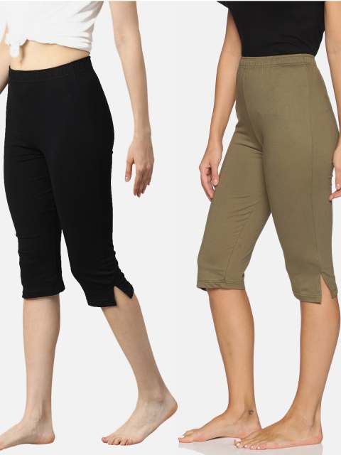 

NOT YET by us Women Pack Of 2 Black & Olive Green Pure Cotton Side Slit Capris