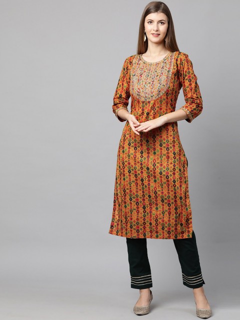 

FASHOR Women Mustard Yellow Printed Kurta