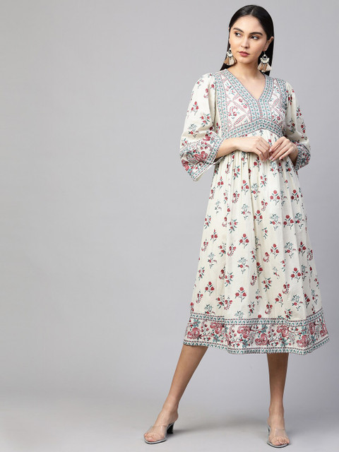 

FASHOR Off White Ethnic Motifs Ethnic Empire Midi Dress