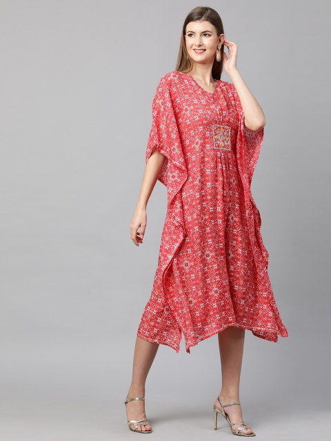 

FASHOR Red Ethnic Motifs Printed & Embroidered Kaftan Midi Dress