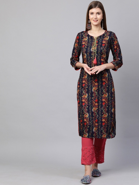 

FASHOR Women Navy Blue Ethnic Motifs Printed Kurta