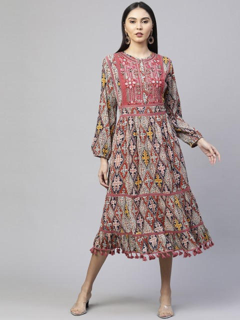 

FASHOR Rust & Multicoloured Ethnic Motifs Maxi Midi Dress