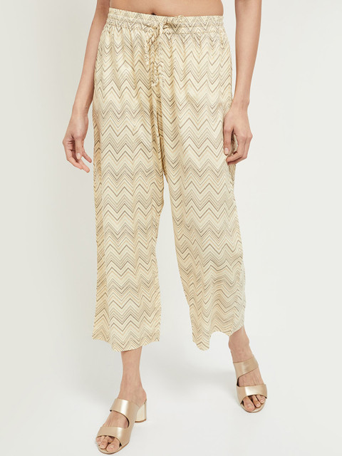 

max Women Cream-Coloured & Brown Printed Cropped Ethnic Palazzos