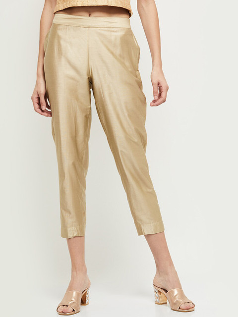 

max Women Golden Solid Trousers, Gold