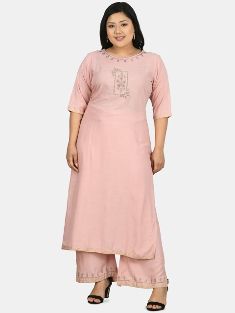 

PrettyPlus by Desinoor.com Women Peach-Coloured Embroidered Kurta with Palazzos