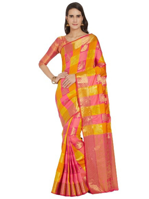 

Viva N Diva Pink & Yellow Checked Zari Art Silk Kanjeevaram Saree