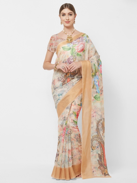 

Viva N Diva Beige & Pink Floral Linen Blend Saree
