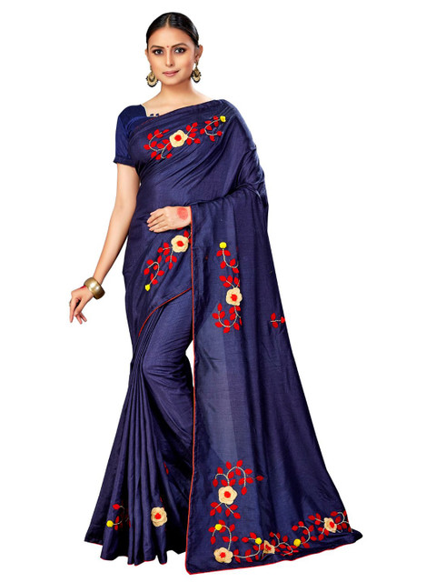 

Viva N Diva Navy Blue & Red Floral Patchwork Silk Blend Saree