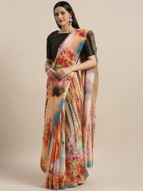 

Viva N Diva Peach-Coloured & Blue Floral Linen Blend Saree