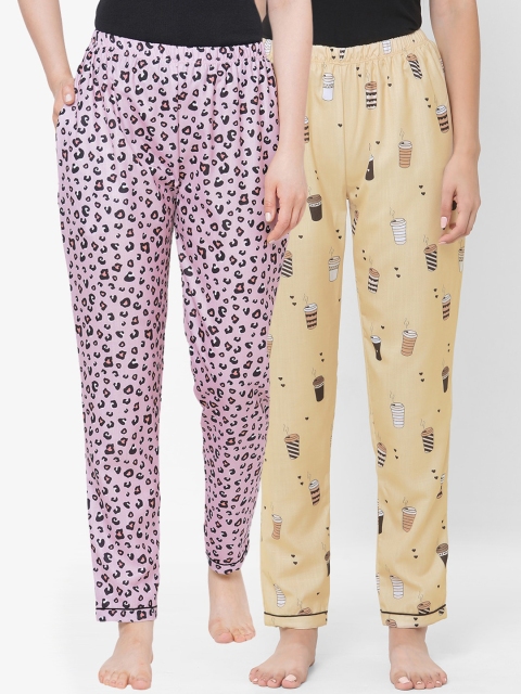 

FashionRack Women Purple & Brown Set Of 2 Printed Cotton Lounge Pants, Pink