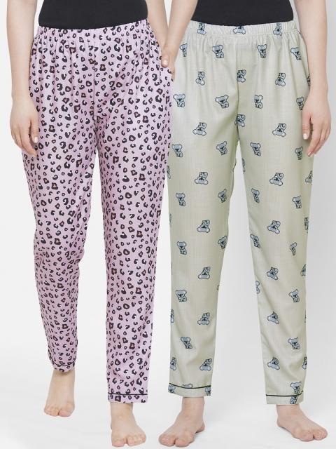 

FashionRack Women Pink & Olive Green Set Of 2 Printed Cotton Lounge Pants