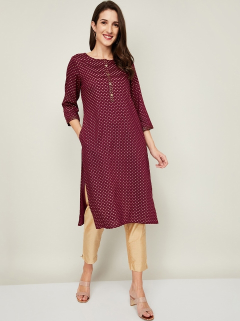 

Melange by Lifestyle Women Red Geometric Printed Keyhole Neck Thread Work Kurta