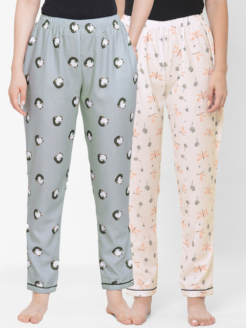 

FashionRack Women Grey & Peach-Coloured Set Of 2 Printed Cotton Lounge Pants