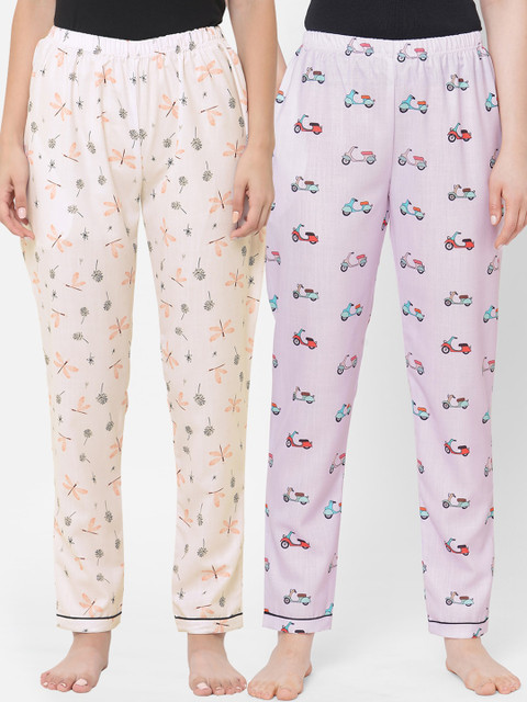 

FashionRack Women Pack of 2 Peach & Purple Cotton Printed Lounge Pants