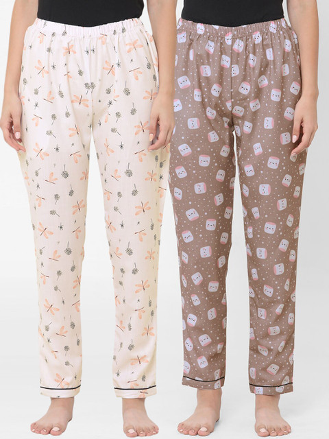 

FashionRack Women Peach-Coloured & Brown Set Of 2 Printed Cotton Lounge Pants